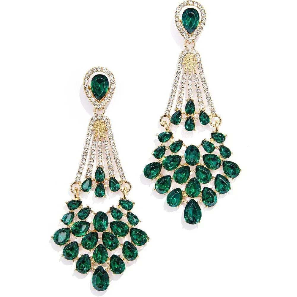 Vintage Flapper Earrings Green Rhinestone Dangle Pearl Gatsby Costume Jewelry